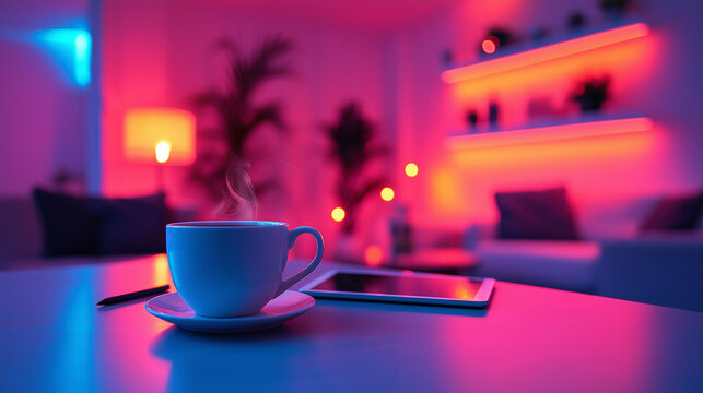 A tablet, coffee cup, and pen with a team meeting of developers collaborating on software 1