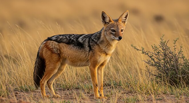Alert jackal standing in natural habitat during daytime wildlife observation