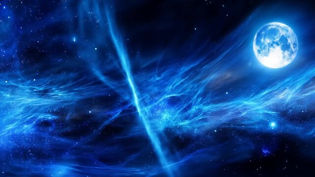 Celestial night sky with full moon and cosmic nebula abstract background