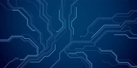 Circuit board background. Modern AI innovation concept. Tech pattern in electric blue. Artificial Intelligence chip with thin line wires on a dark blue presentation cover. Digital vector illustration.