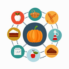 Autumn harvest celebration with pumpkin, apples, cake, and spices, symbolizing seasonal bounty and festive gatherings