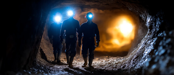 Three miners wearing helmets with bright headlamps walk through a dimly lit tunnel inside a mine, with rough rocky walls and warm light glowing in the distance