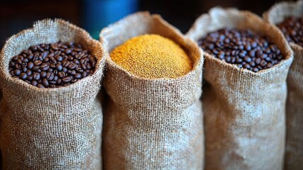 A rustic assortment of agricultural commodities, showcasing dark roasted coffee beans and golden ground corn in burlap sacks
