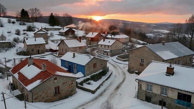 Elevated perspective of traditional rural settlement during the evening hours in the colder season as the sun descends