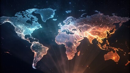 A vibrant digital map of the world, showcasing illuminated continents with contrasting colors against a dark starry background.