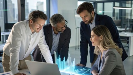 A group of professionals collaborates over a laptop, analyzing data visualizations in a modern office setting.