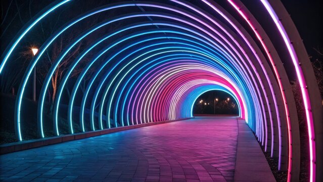 A vibrant, illuminated tunnel featuring colorful neon lights, creating a futuristic and visually striking atmosphere at night. - Powered by Adobe