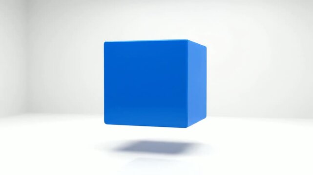 A simple blue cube floating in the center of a white room, isolated on white background
