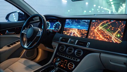 A modern car interior featuring advanced digital displays, showcasing maps and navigation tools in a futuristic tunnel setting.