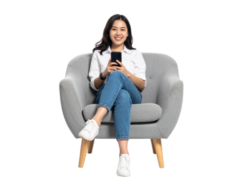 Asian Woman Relaxing in Armchair While Using Smartphone, Front View, Isolated on White 