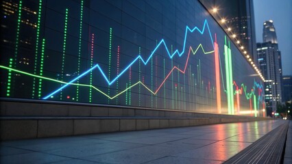 A vibrant display of digital financial data is illuminated on a city wall, showcasing colorful graphs and trends against a modern urban backdrop.