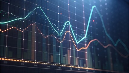 A close-up view of a digital financial chart displaying various trend lines and data points in vibrant colors against a dark background.