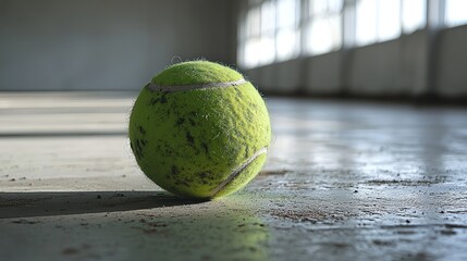 Forgotten sport concept with a single worn tennis ball on the dirty ground of an empty urban building, cast in shadow and light