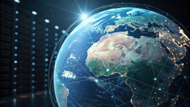 A visually striking globe with interconnected lines, showcasing Earth's geography and a high-tech digital background.