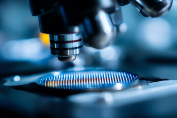 Close-up of a microscope focusing on a silicon wafer used in semiconductor manufacturing, highlighting precision and advanced technology in electronics production