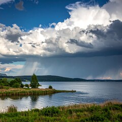 Lake landscape with storm clouds