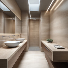 Modern classic bathroom with beige stone walls, vessel sinks, minimalist fixtures, skylight, and soft lighting creates calm, elegant atmosphere