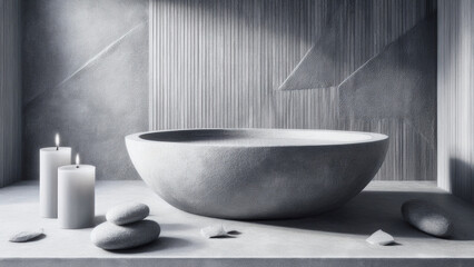 An elegant spa interior with wooden walls, aromatic candles, and stone bathtubs filled with flower petals, dim warm lighting, clean minimalistic design, inviting and luxurious mood, wide panoramic sho