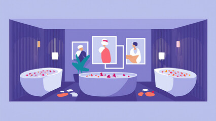 An elegant spa interior with wooden walls, aromatic candles, and stone bathtubs filled with flower petals, dim warm lighting, clean minimalistic design, inviting and luxurious mood, wide panoramic sho