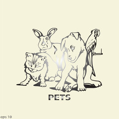Silhouettes of pets, dogs, cats, birds and rabbits, vector illustration