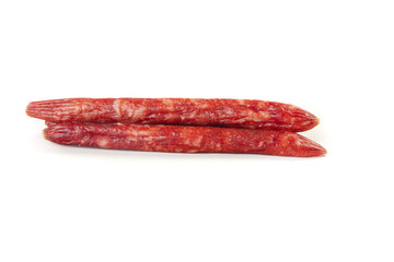 Spicy Air-Dried Sausages Isolated on White Background - Gourmet Charcuterie Food Photography