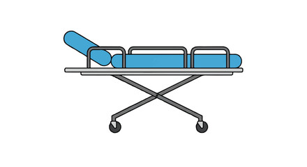 A flat icon vector illustration depicting a hospital stretcher outline with emergency bed wheels, a medical gurney isolated on a clean background, ready for patient transport.