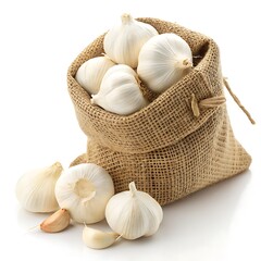 A burlap sack filled with fresh garlic bulbs, showcasing their natural texture and pungent aroma isolated on white background, a culinary staple