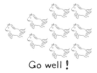 うまくいく！（ウマ　九　行く）線画　うま年年賀イラスト