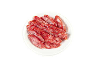 Cantonese Style Sweet Air-Dried Sausage Slices on White Plate - Traditional Chinese Cured Meat