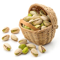 Wicker basket filled with pistachios isolated on white background closeup of delicious and healthy snack, perfect for a nutritious treat or ingredient in various recipes