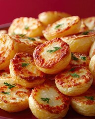 Close Up of Crispy Golden Fried Potatoes on a Red Plate with Green Herbs Cinematic HDR