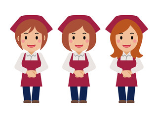 手を前で重ね笑顔。真紅のエプロンと三角巾の女性