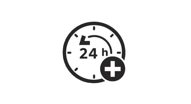 A modern 2D flat vector illustration of a 24-hour clock, medical cross, and telephone icon, symbolizing continuous emergency hotline services and readily available help and support.