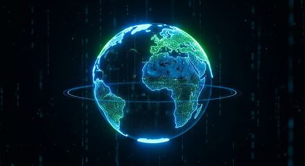 Glowing digital earth globe with data streams on dark background