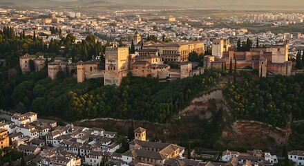 Obraz premium Aerial view of historic architecture in a city at golden hour