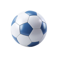 Fototapeta premium A digitally rendered soccer ball, predominantly white with dark blue pentagonal and hexagonal panels, displays a glossy finish against a black background