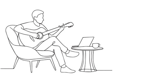 Minimalist one-line drawing of a man sitting on a chair playing guitar with a laptop and coffee cup on the table, symbolizing creativity, relaxation, and lifestyle, hobbies, remote work.