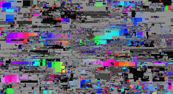 Abstract digital glitch art with vibrant neon colors and static interference