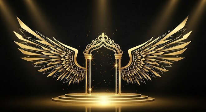 Majestic Golden Arch with Stylized Wings on Luminous Stage, Illuminated by Spotlights and Sparkling Particles, Symbolizing Luxury and Achievement