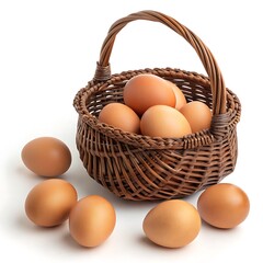Fresh brown eggs in a wicker basket isolated on white background, showcasing the natural goodness and versatility of this essential ingredient