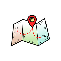 Colorful folded map illustration with route path and destination location pin icon