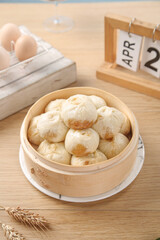 Traditional Chinese Xiao Long Bao Dumplings in Bamboo Steamer Breakfast Dim Sum