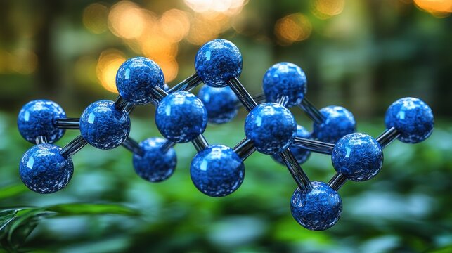 Molecular Structure in Nature: A 3D Render of a Blue Molecule Against a Lush Green Background