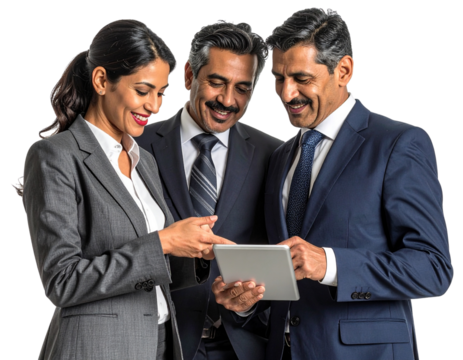 Business Colleagues Discussing Tablet, Side Angle, Transparent Background - Powered by Adobe