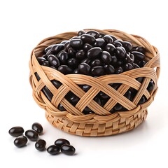 A woven basket filled with black jelly beans, isolated on white background, showcasing their shiny surface and inviting sweetness for a delightful treat