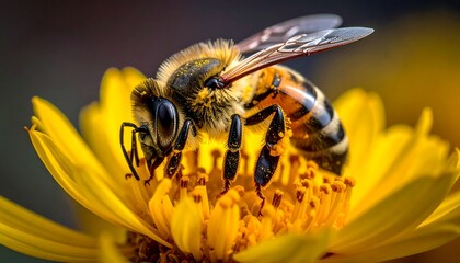 Macro close-up of a bee pollinating a vibrant yellow flower
