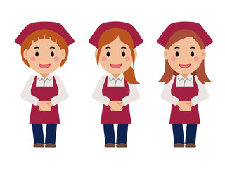 手を前で重ね笑顔。真紅のエプロンと三角巾の女性。その2