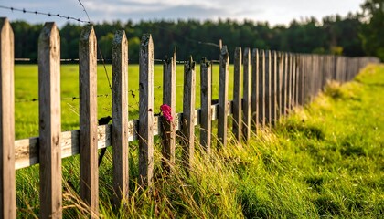 Rustic wooden fence in grassy field