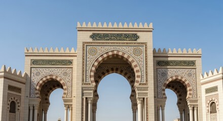 Obraz premium Ornate Archway Entrance of Al-Masjid an-Nabawi, The Prophet' Mosque in Medina, Saudi Arabia, showcasing Islamic Architecture, Gold Arabic Calligraphy, and Intricate Mosaic Art against a Blue Sky