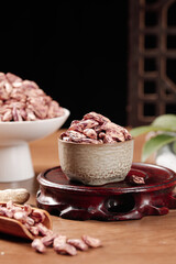 Fresh Speckled Kidney Beans in Rustic Ceramic Bowls on Wooden Table - Healthy Legume Ingredient for Cooking